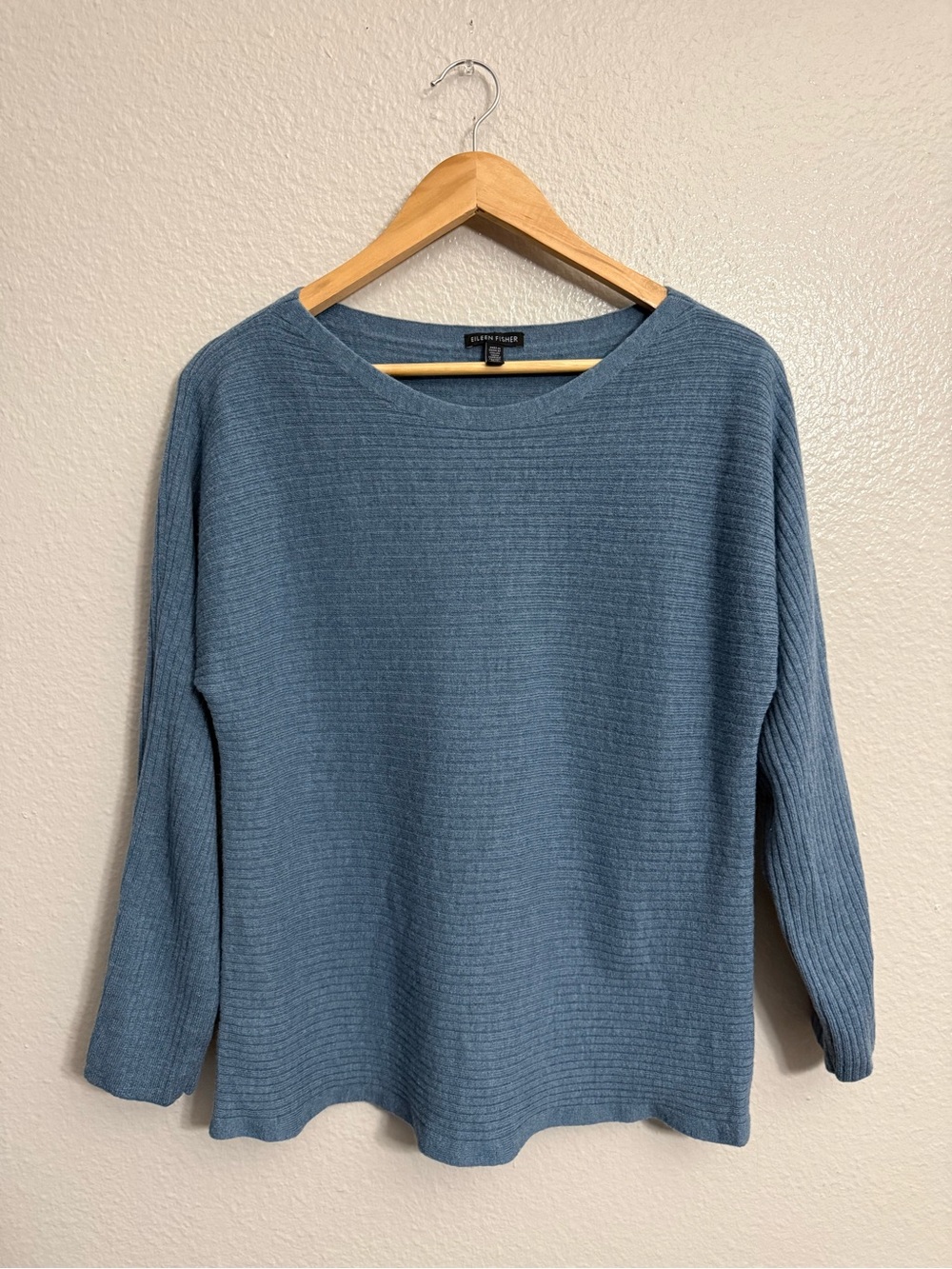 Eileen Fisher 100% Wool Blue Ribbed Boatneck Sweater